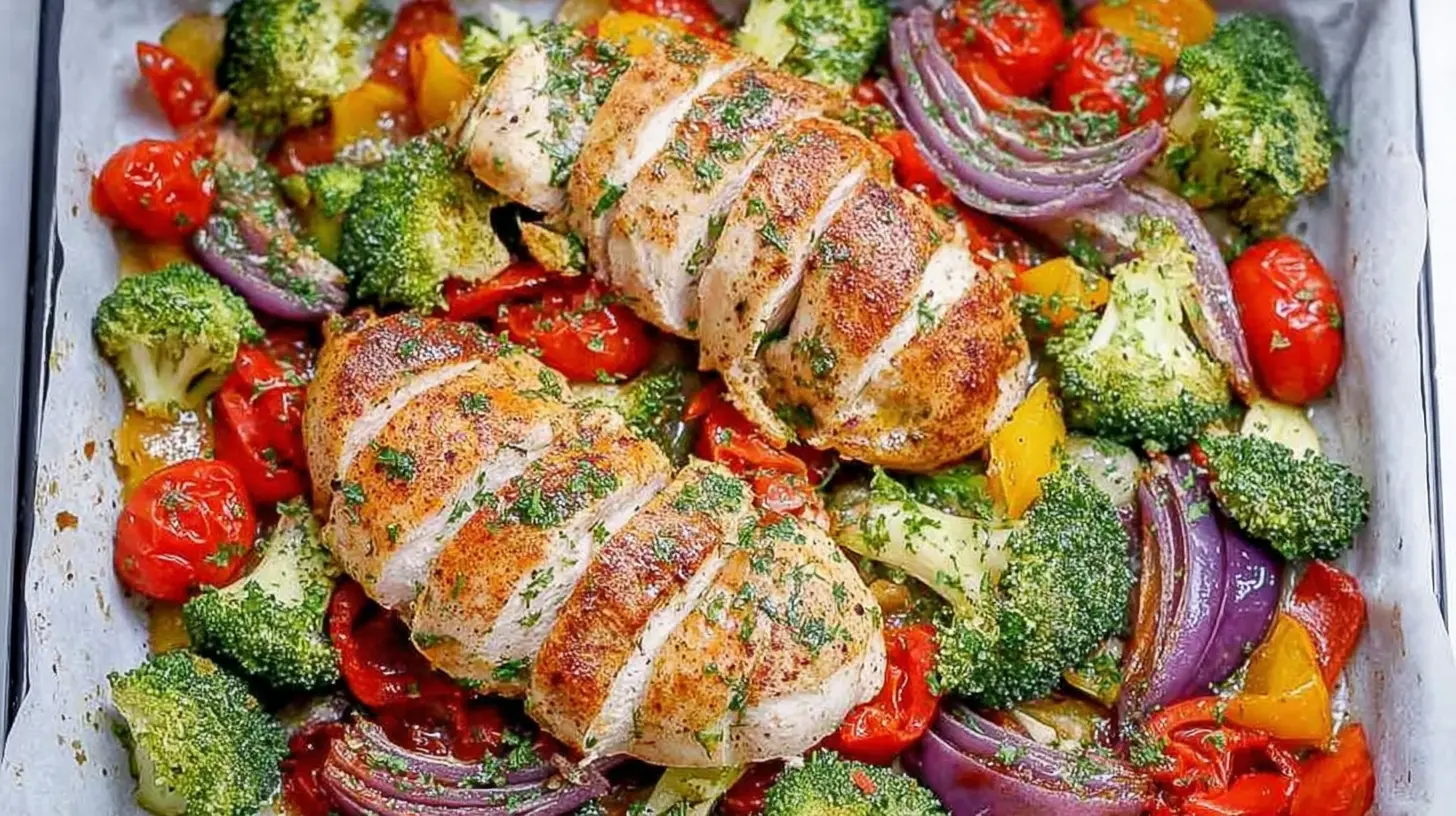 Delicious healthy dinner highlighting chicken and various vibrant vegetables.