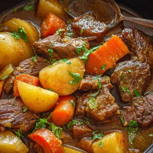 A steaming bowl of classic crockpot beef stew with tender chunks of beef and vegetables.