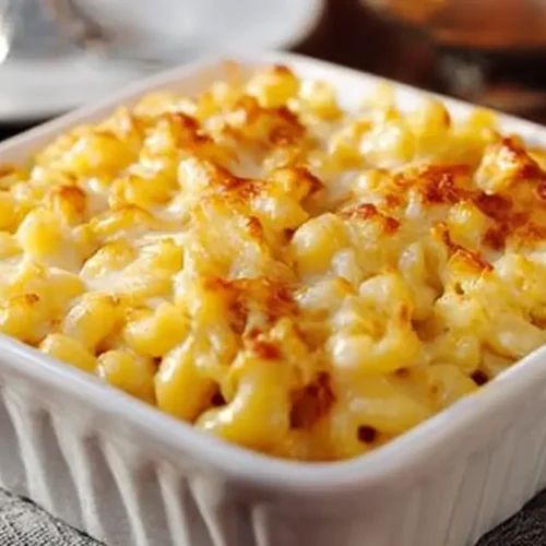 A steaming bowl of classic mac and cheese dinner with golden-brown topping