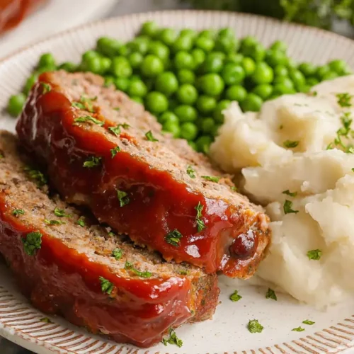 A classic meatloaf dinner served with mashed potatoes and gravy.