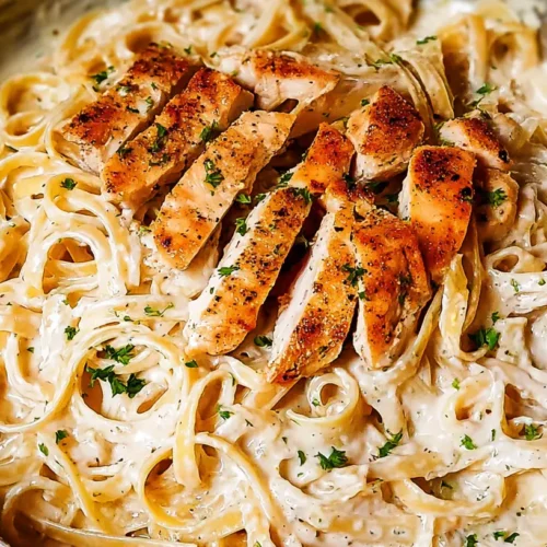 A steaming bowl of creamy chicken alfredo pasta garnished with fresh parsley