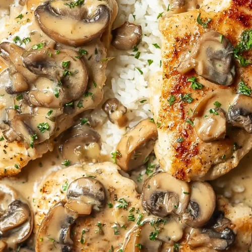 A close-up of a creamy mushroom chicken dinner served in a skillet.