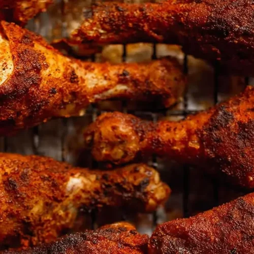 Deliciously crispy oven-baked chicken drumsticks artfully arranged on a platter.