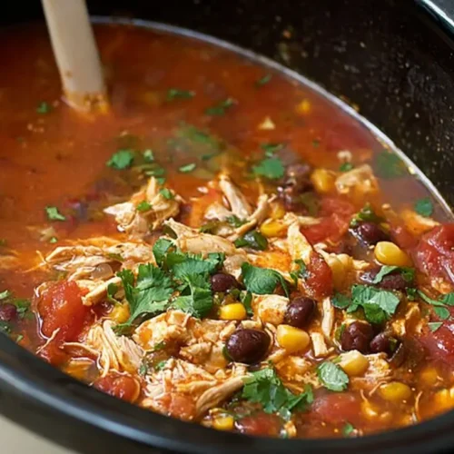 A bowl of Crockpot Chicken Tortilla Soup garnished with fresh cilantro and lime.