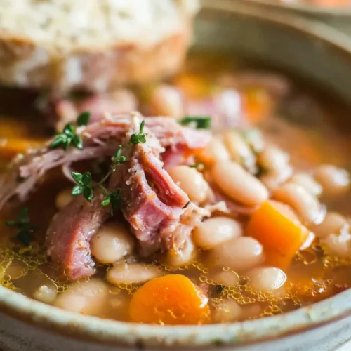 A cozy bowl of crockpot ham and bean soup, ready to be served.