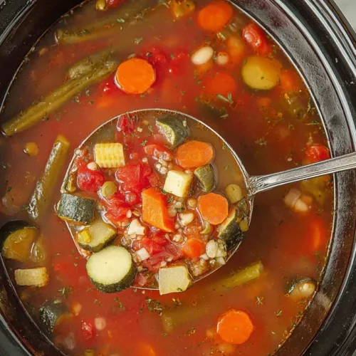 A hearty and healthy crockpot vegetable soup simmering in a slow cooker.
