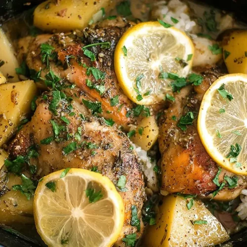 Cooked crockpot lemon chicken in a slow cooker, ready to serve
