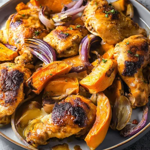 A dump-and-bake BBQ chicken and sweet potatoes tray bake with smoky-sweet sauce, fresh from the oven.