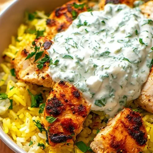 A comforting dump-and-bake chicken tzatziki rice bake with creamy sauce