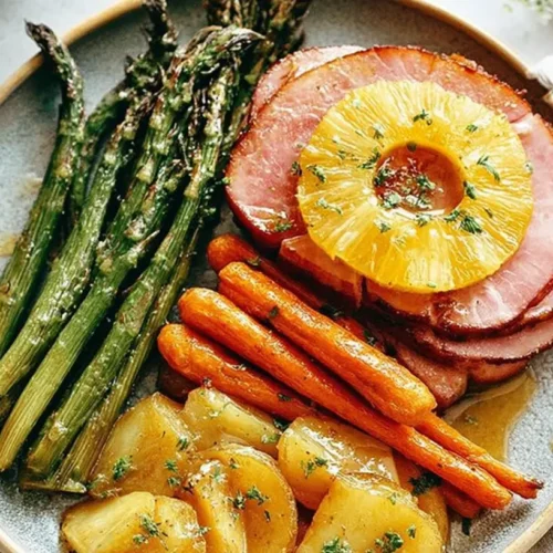 A baked Easter ham dinner recipe presented beautifully on a platter.