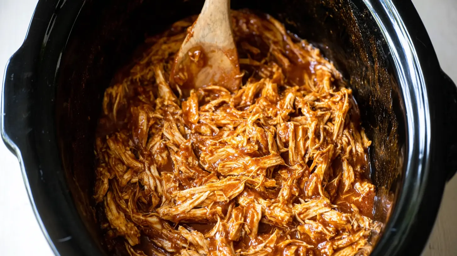 A serving of tender crockpot BBQ chicken on a plate