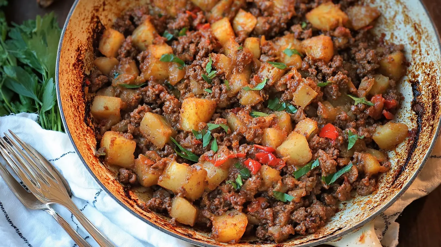 Closeup of a delicious, easy ground beef comfort dish with savory sauce.