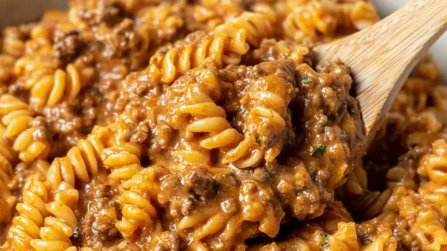 Close-up of a golden-brown ground beef pasta bake in a casserole dish.