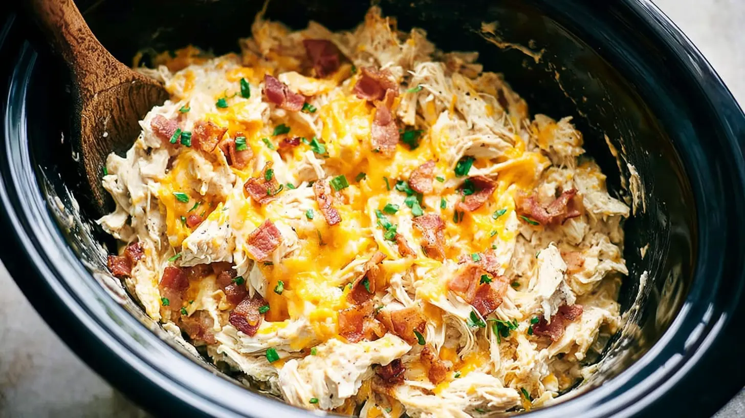 Delicious slow cooker chicken casserole with creamy sauce and vegetables.
