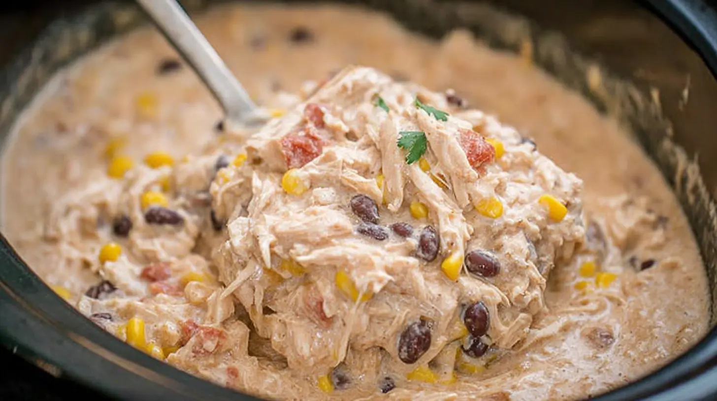 A serving of slow-cooked cream cheese chicken, rich and tender, in a bowl.