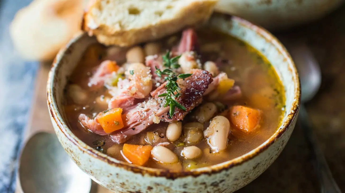 Warm and inviting crockpot ham and bean soup simmering in a slow cooker.