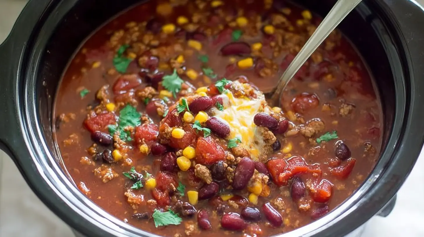 Warm, delicious crockpot turkey chili, ready to serve in a white bowl.