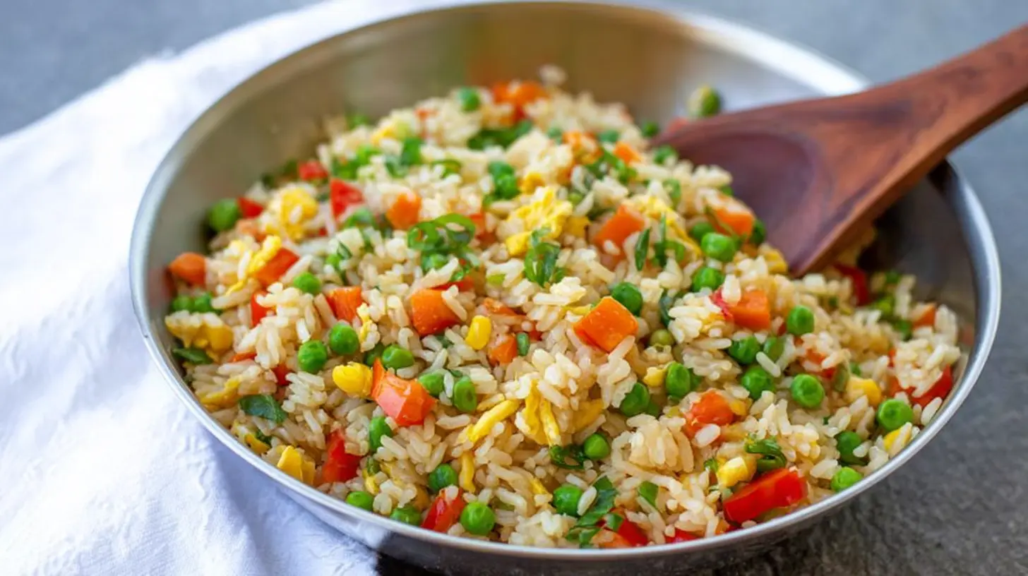 Close-up of easy veggie fried rice dinner, steaming hot and freshly cooked