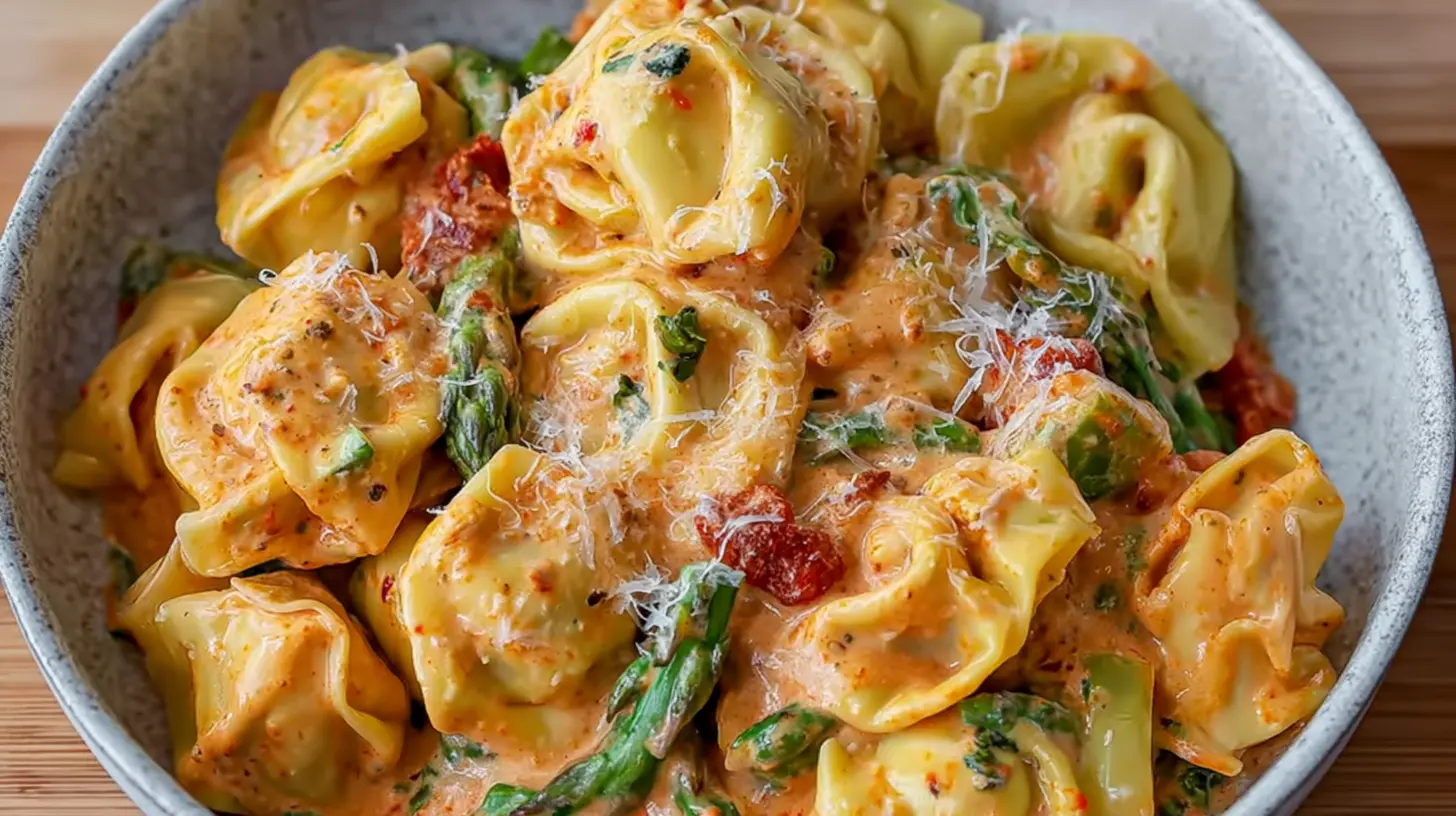 Close-up of creamy garlic parmesan tortellini cooked in a single pot, ready to serve.