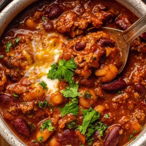A bowl of easy ground beef chili topped with cheese and fresh cilantro.
