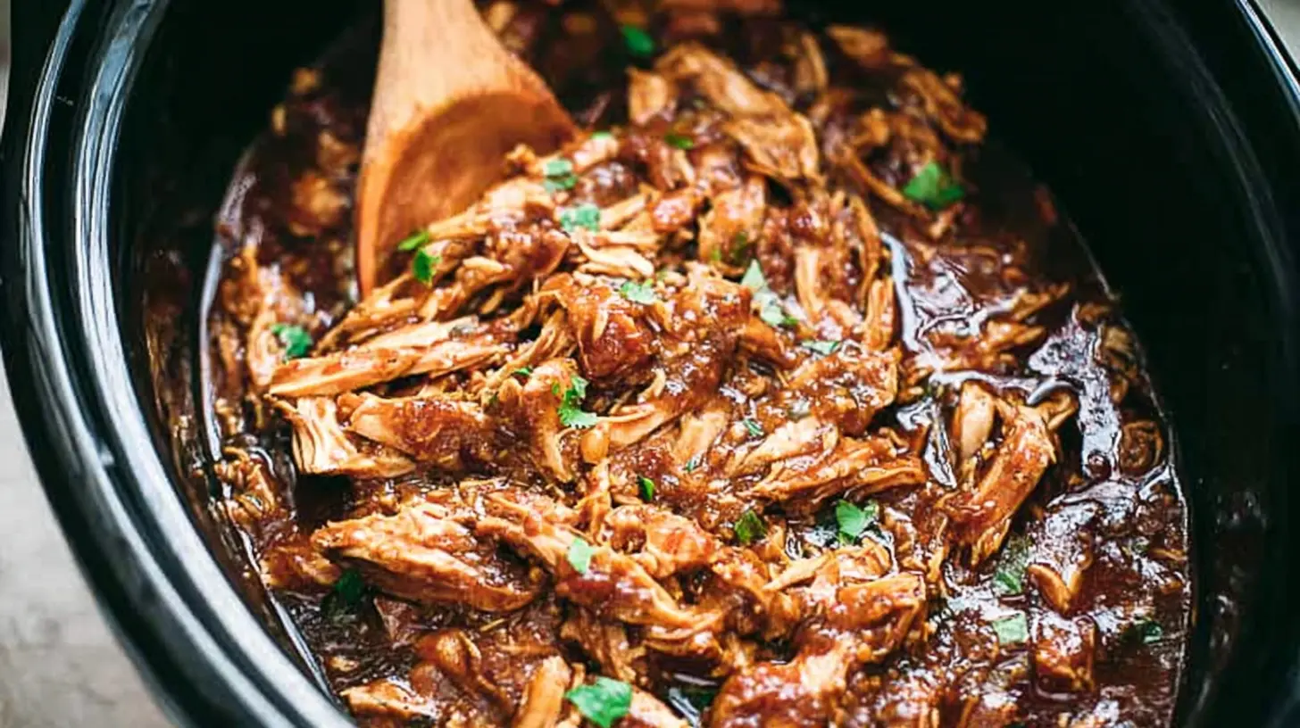 Slow-cooked honey garlic chicken simmering in a ceramic pot