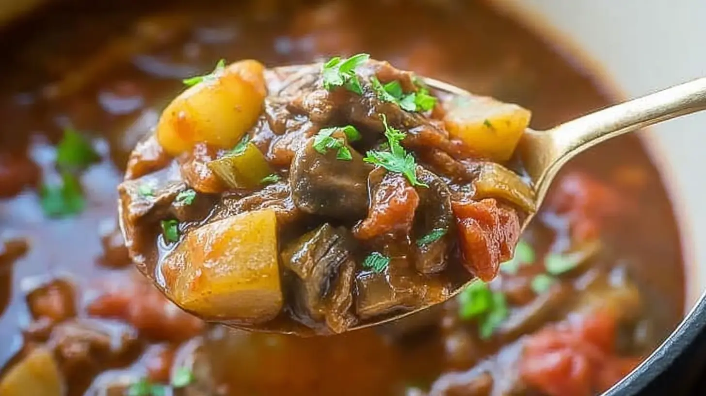 Tender beef stew with low-carb ingredients simmering in a slow cooker.