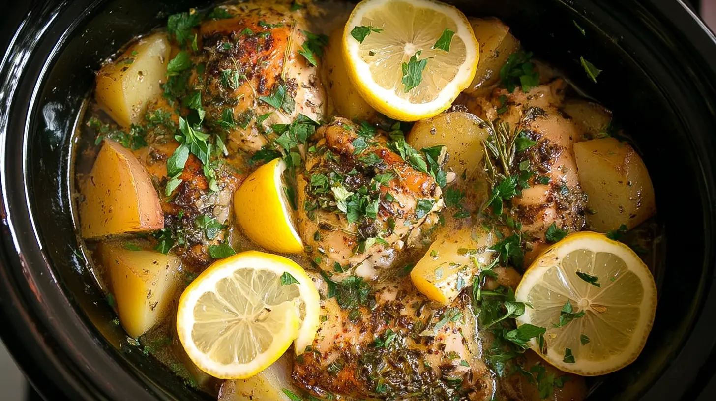 Succulent lemon chicken prepared in a slow cooker with herbs