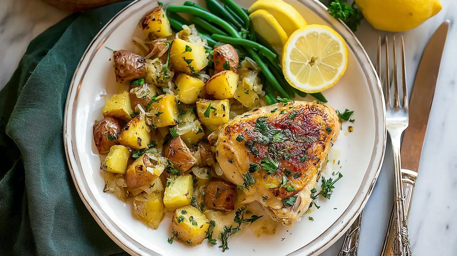 Golden-brown Dump-and-Bake Lemon Garlic Chicken & Potatoes, ready to serve.