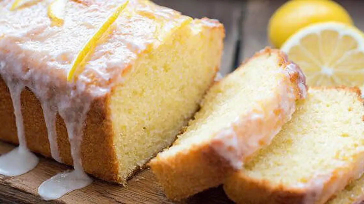 Closeup of a golden-brown lemon loaf cake on a cooling rack.