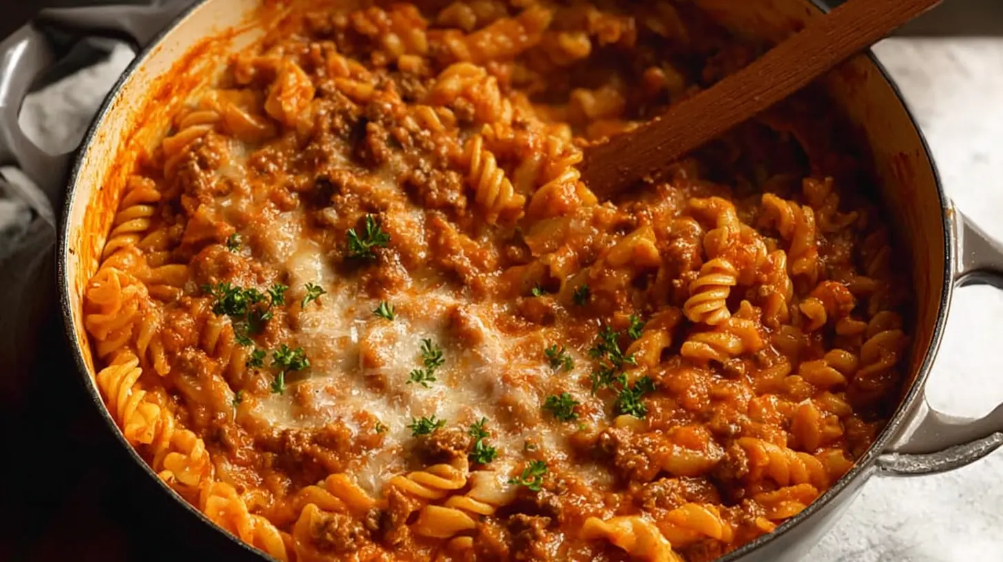 Delicious ground beef pasta cooked in a single pot, ready to serve.