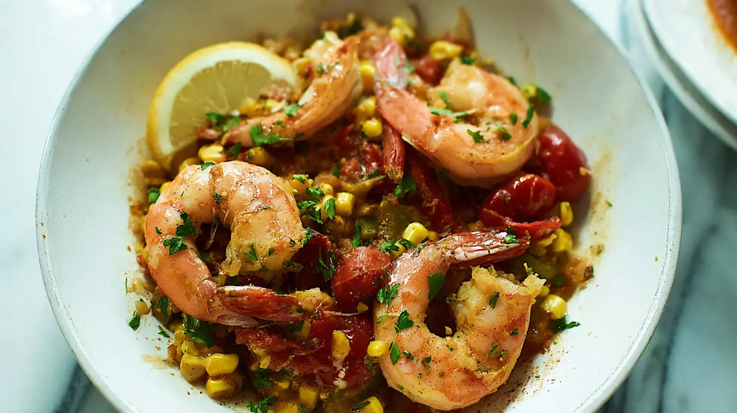 Delicious shrimp skillet meal cooked with colorful summer produce.