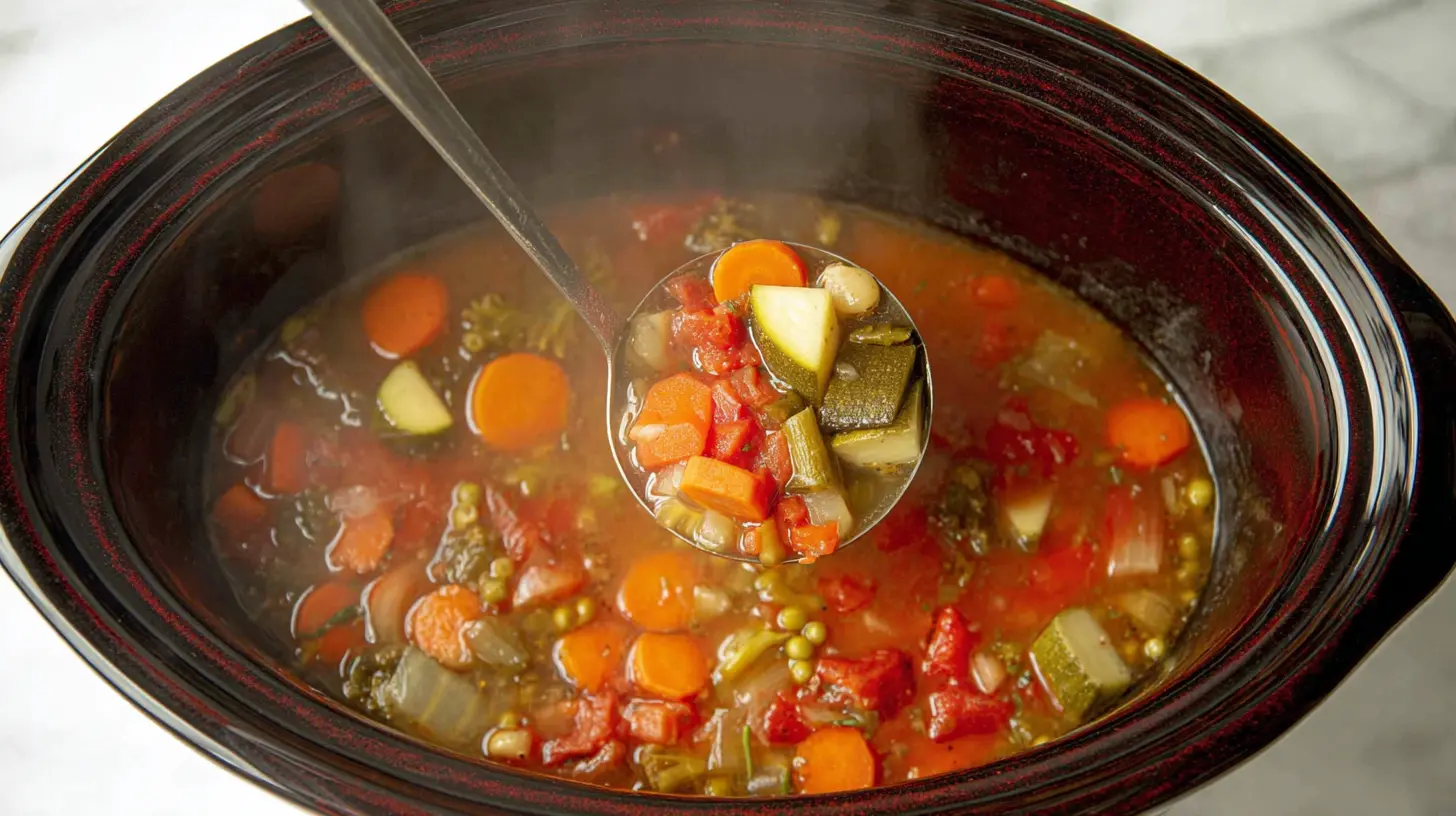 Close-up of a rich, hearty Crockpot Vegetable Soup in a white bowl
