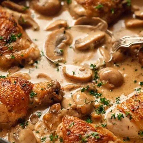 A family-style chicken thigh dinner arranged on a large platter with roasted vegetables.