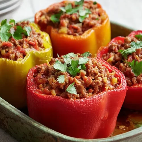 Close-up of ground beef stuffed peppers in a baking dish