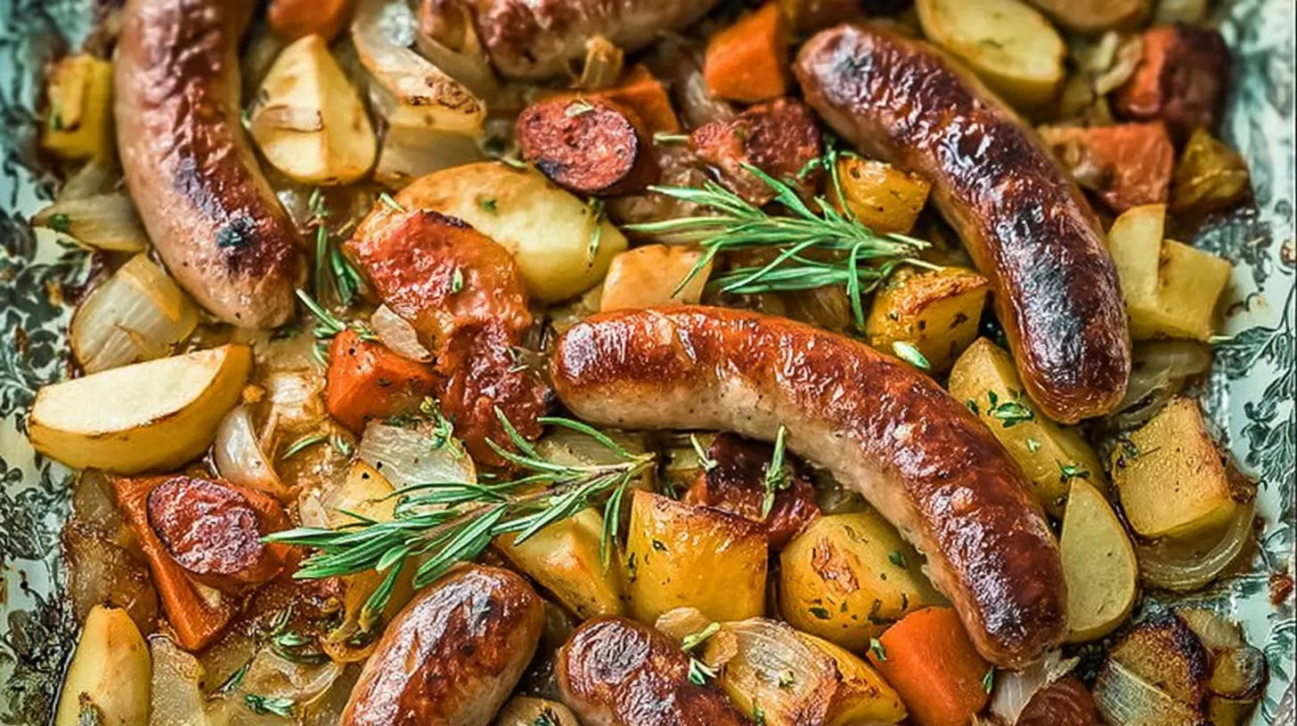 Hearty autumn sausage and apple dinner with roasted vegetables.