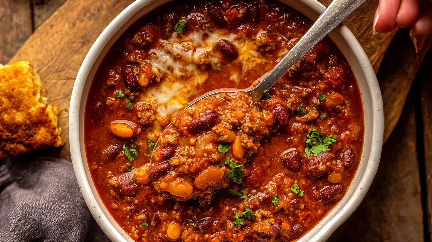 Hearty ground beef chili simmering in a pot, ready to serve.