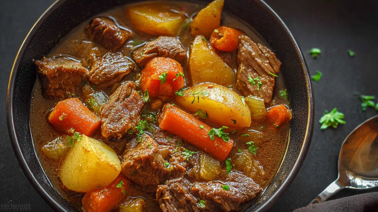 Close-up of a rich and savory crockpot beef stew, slow-cooked to perfection.