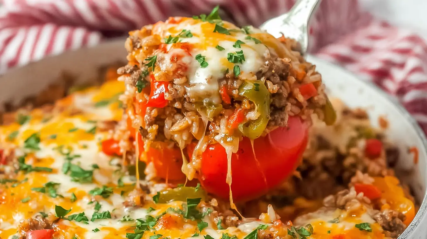 A hearty dump-and-bake stuffed pepper casserole, featuring colorful peppers, savory ground turkey, and fluffy rice.