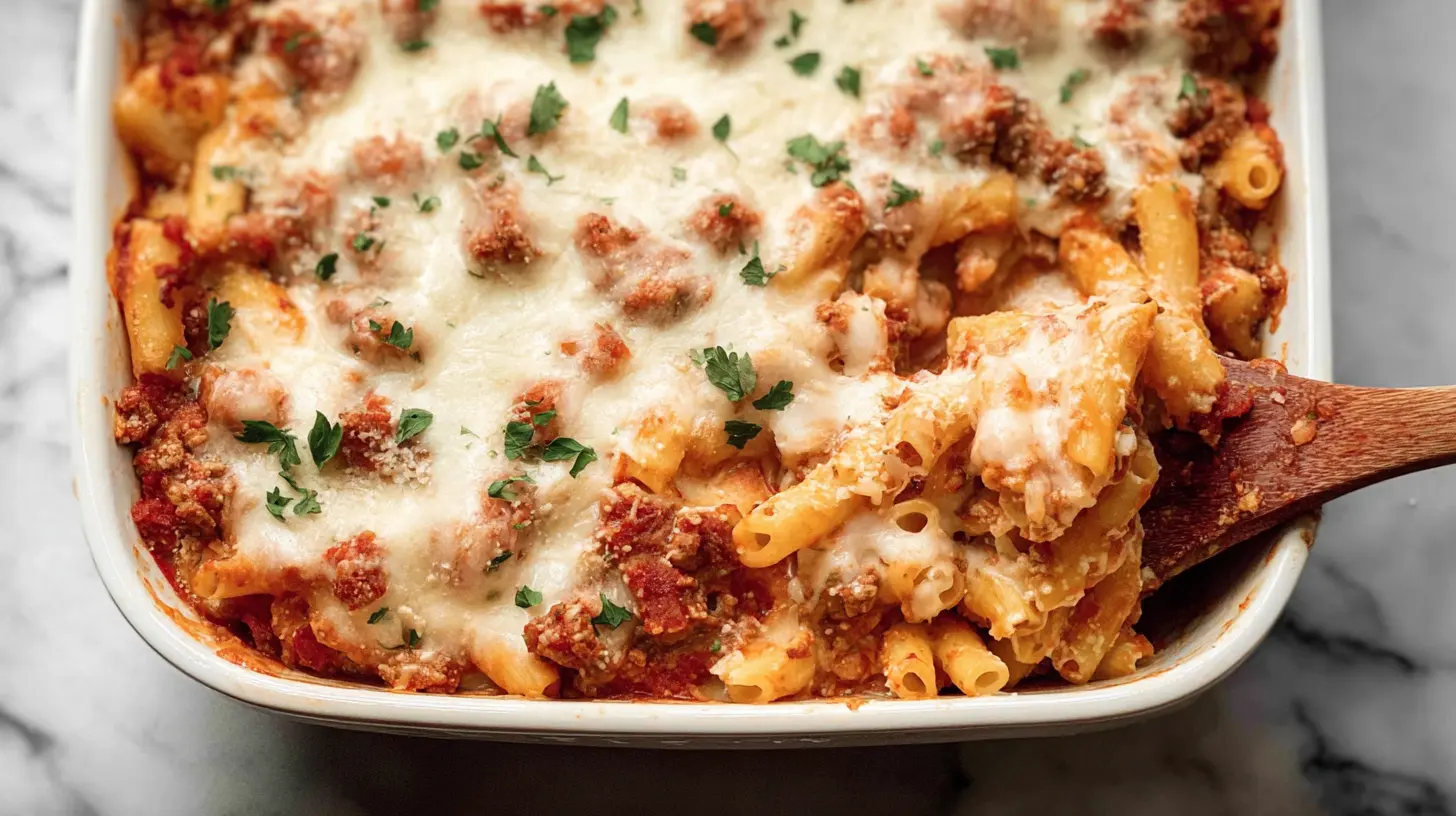 Golden-brown baked ziti pasta dinner served hot from the oven.