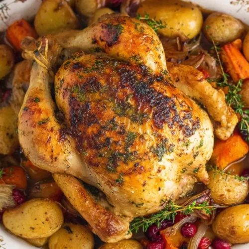 A hearty holiday chicken bake dinner fresh from the oven, ready for serving.