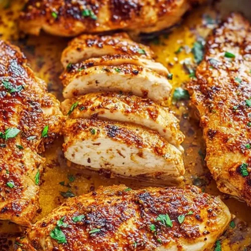 Close-up of a juicy oven-baked chicken breast dinner, golden brown and perfectly cooked.