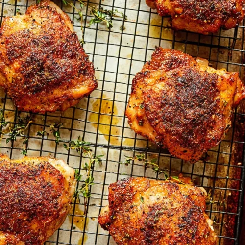 Perfectly oven-roasted chicken thighs with crispy skin and herbs