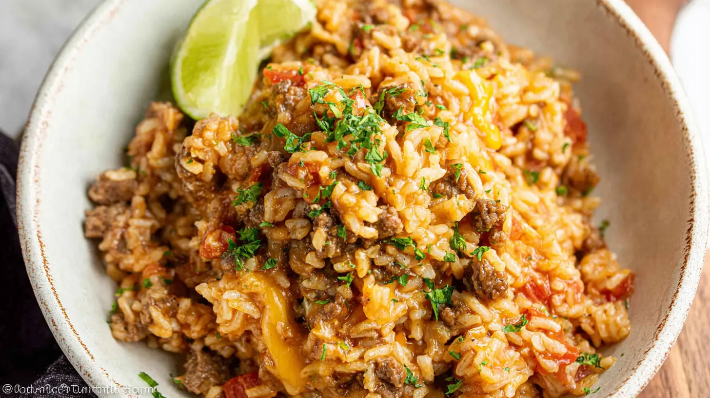 A quick weeknight Beef and Rice Skillet Dinner, served hot with herbs.