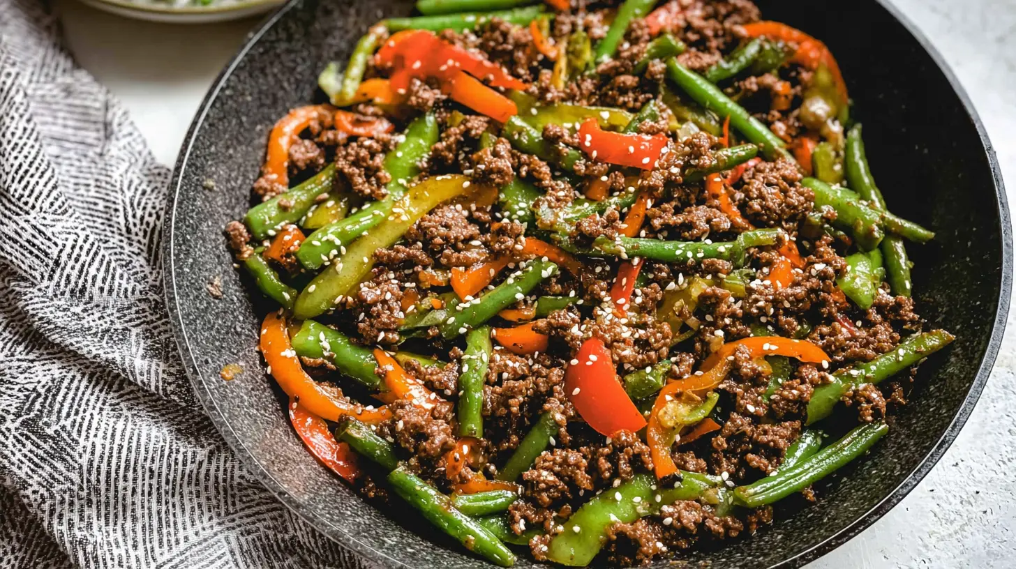 Delicious ground beef and vegetable stir fry served in a bowl, ready to eat.