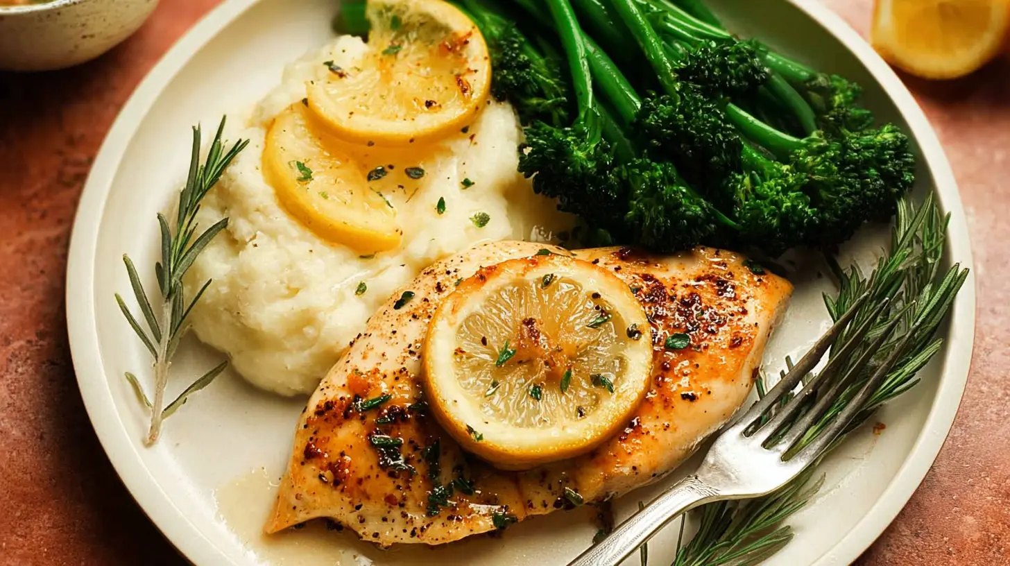 Plated quick meal of lemon chicken with herbs