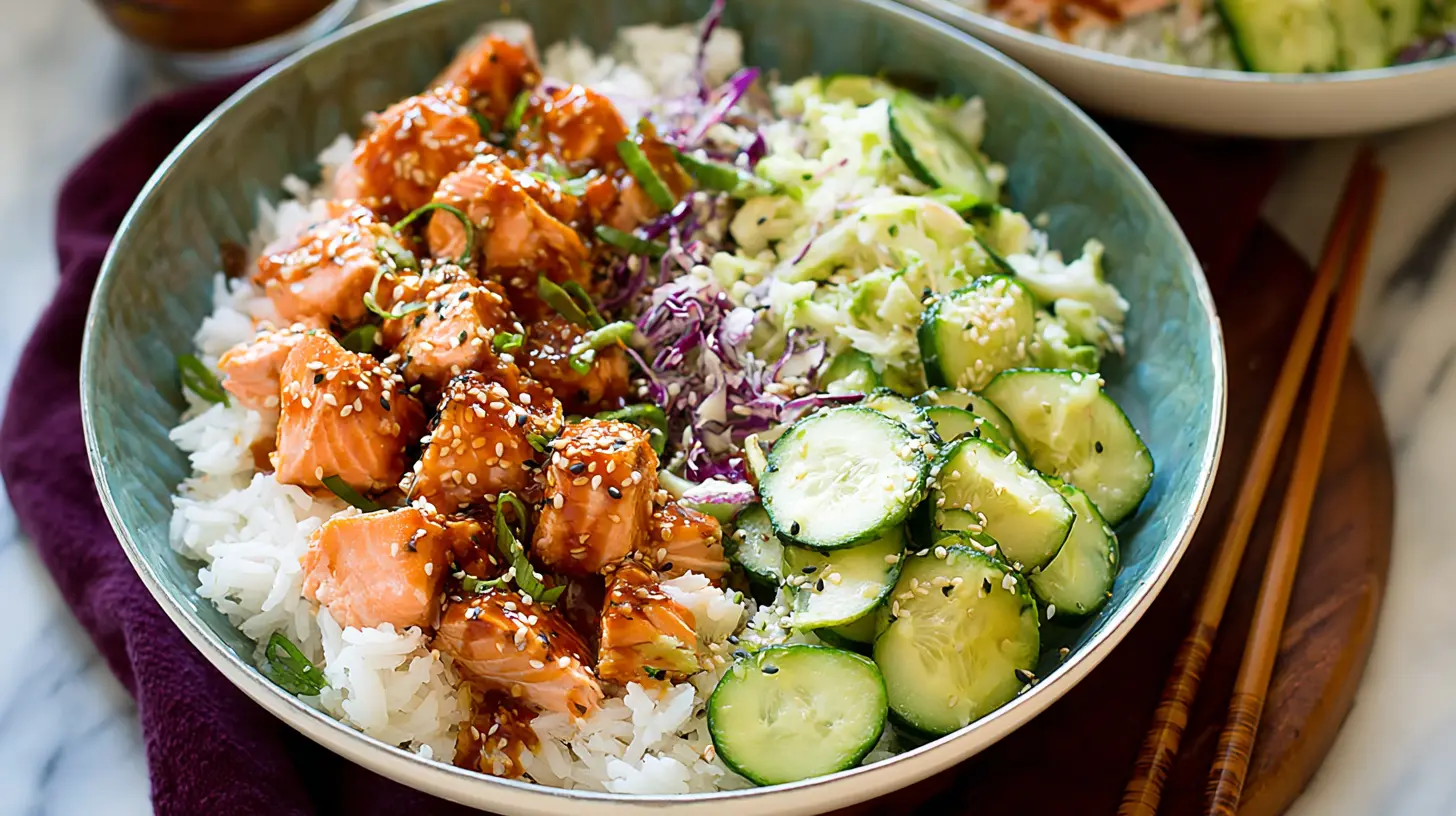 Delicious Sesame Ginger Salmon Bowl featuring flaked salmon, brown rice, fresh cucumber, and a savory sauce drizzle.