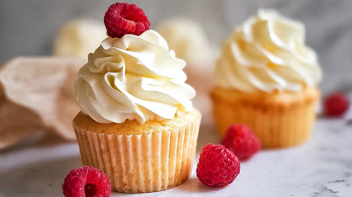 Freshly baked easy vanilla cupcakes with smooth white icing