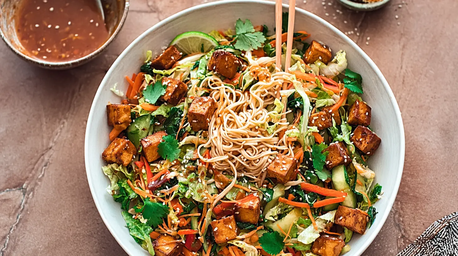 Colorful tofu and vegetable noodle salad topped with a rich sesame dressing.