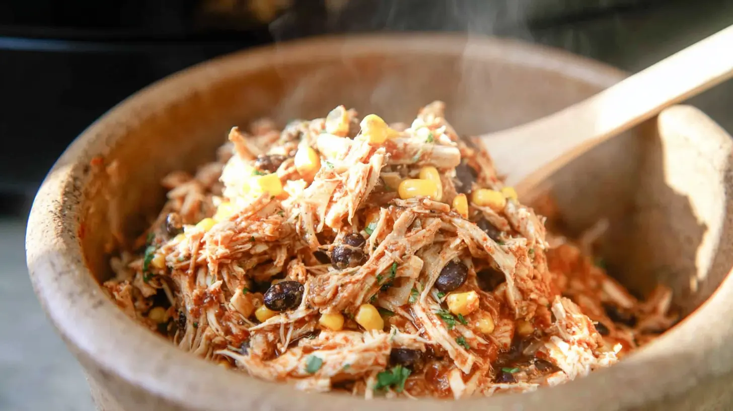 Succulent shredded chicken made easily in a slow cooker.