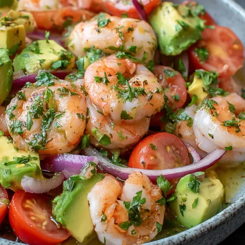 A vibrant shrimp avocado salad bowl with bright lime wedges